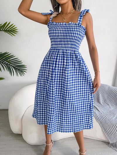 Frill Plaid Square Neck Midi Dress |1mrk.com