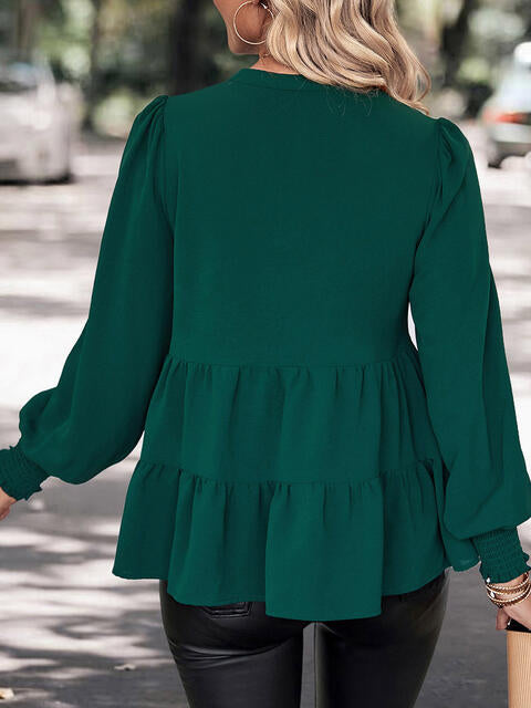 Notched Neck Lantern Sleeve Blouse |1mrk.com