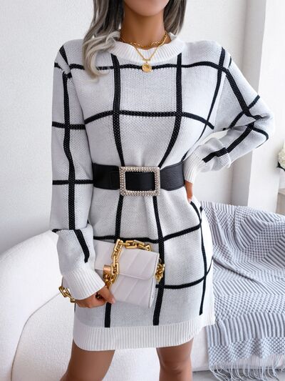 Plaid Round Neck Dropped Shoulder Sweater Dress |1mrk.com