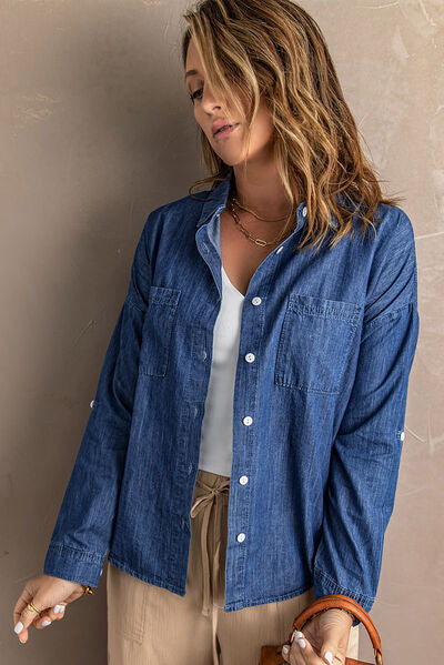 Pocketed Button Up Collared Neck Denim Top | 1mrk.com