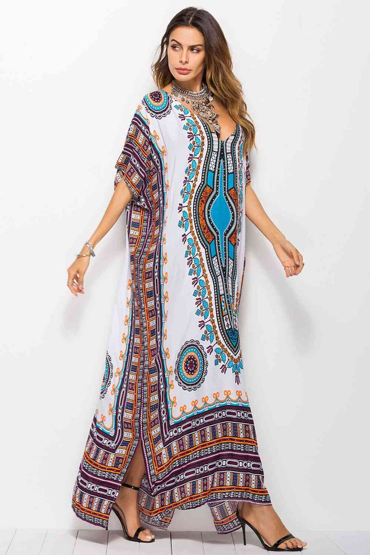 Printed V-Neck Side Slit Maxi Dress |1mrk.com