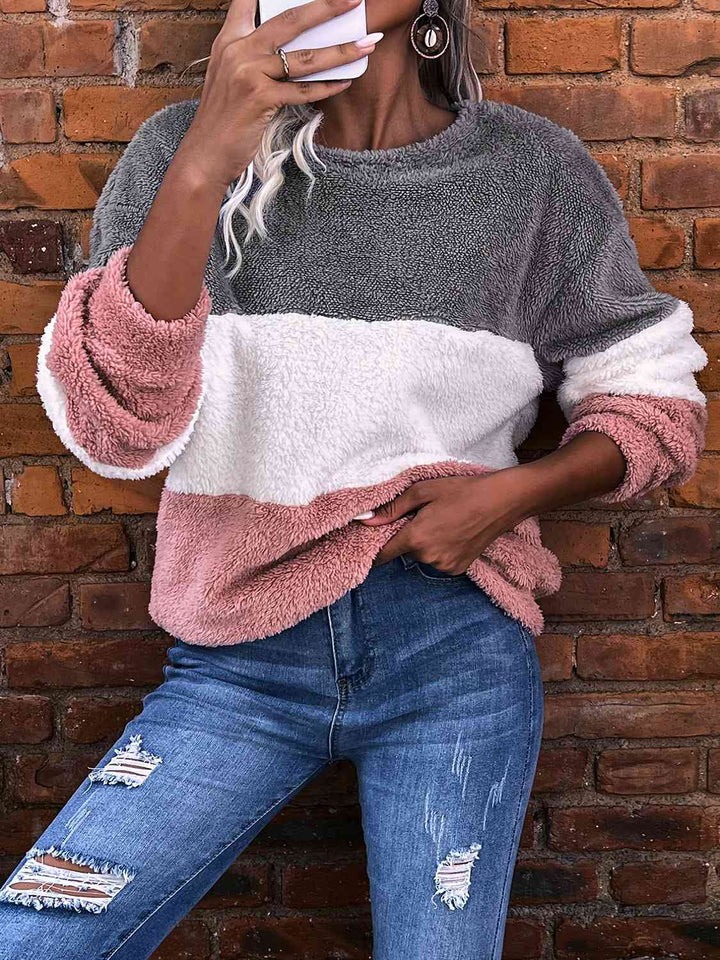 Color Block Round Neck Teddy Sweatshirt |1mrk.com