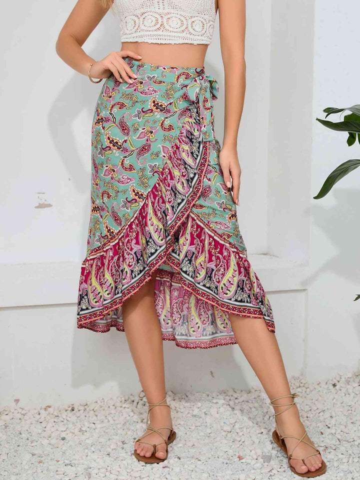 Tie Waistband Flounce Hem Midi Skirt |1mrk.com