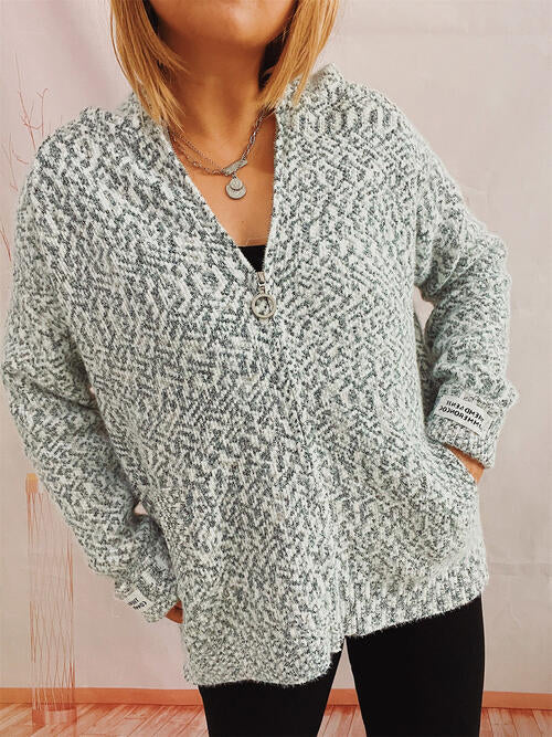 Zip Up Drawstring Long Sleeve Hooded Sweater |1mrk.com