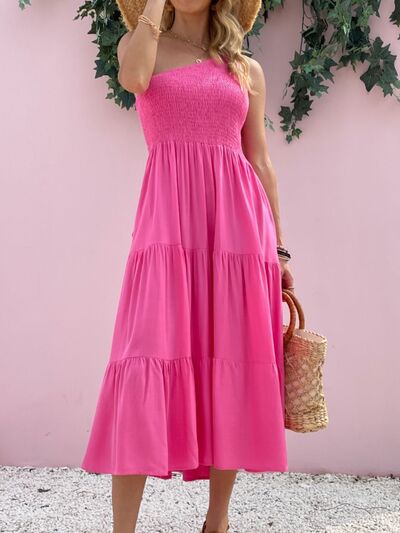 Smocked Single Shoulder Sleeveless Dress |1mrk.com