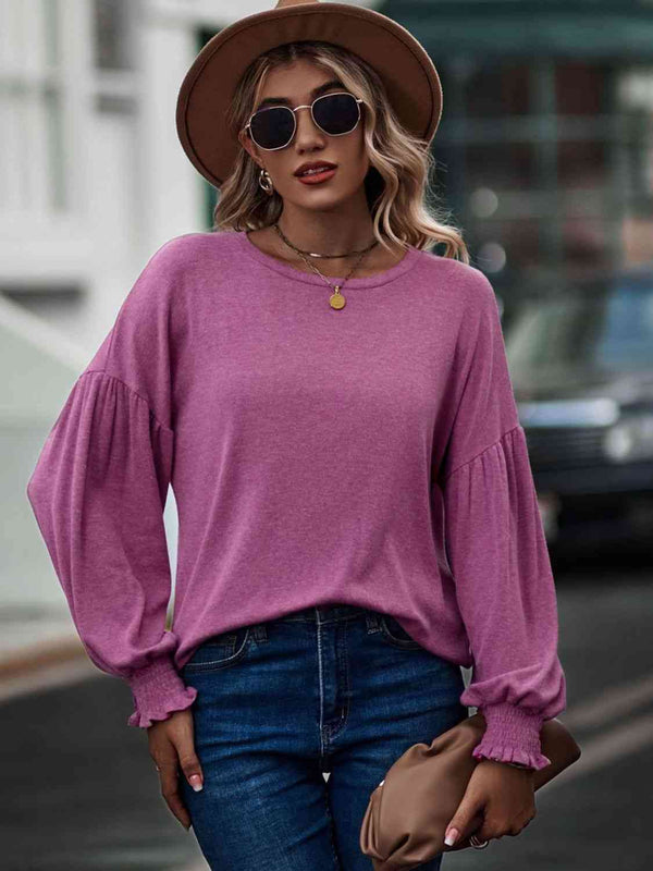 Round Neck Dropped Shoulder Flounce Sleeve T-Shirt | 1mrk.com