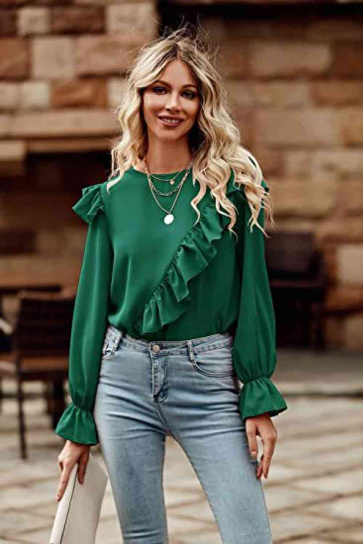 Ruffled Round Neck Long Sleeve Top | 1mrk.com