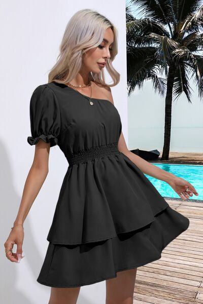 Layered Single Shoulder Flounce Sleeve Mini Dress |1mrk.com