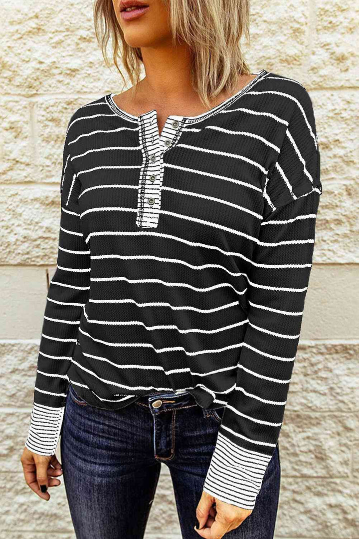 Striped Waffle Knit Henley Long Sleeve Top | 1mrk.com