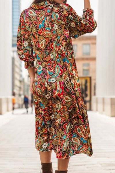 Printed Surplice Lantern Sleeve Midi Dress |1mrk.com