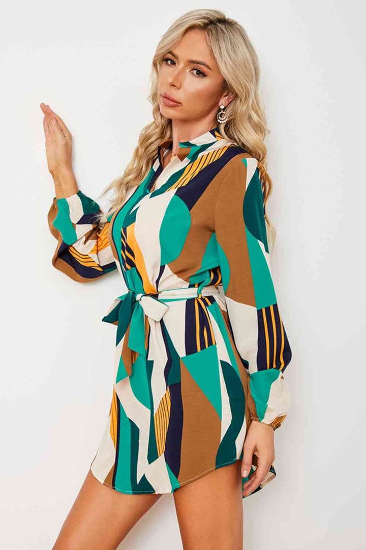 Geometric Print Belted Curved Hem Dress |1mrk.com