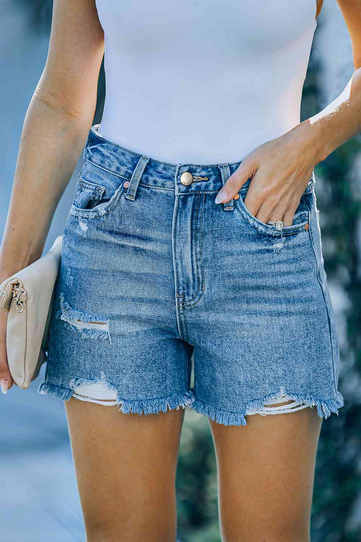 Distressed Raw Hem Denim Shorts with Pockets | 1mrk.com