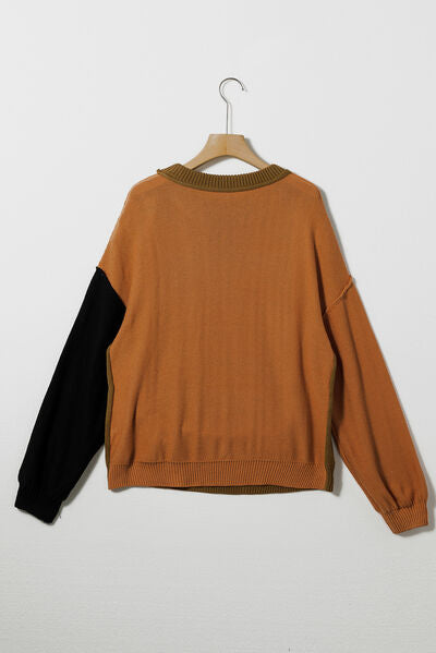 Contrast Round Neck Dropped Shoulder Sweater |1mrk.com