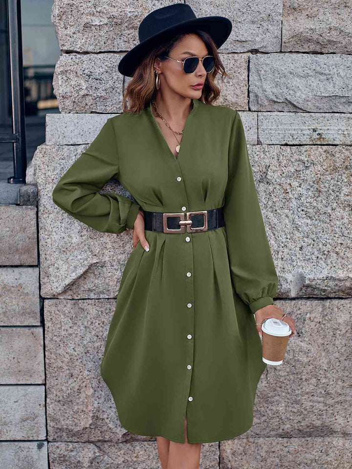 Notched Neck Long Sleeve Dress |1mrk.com