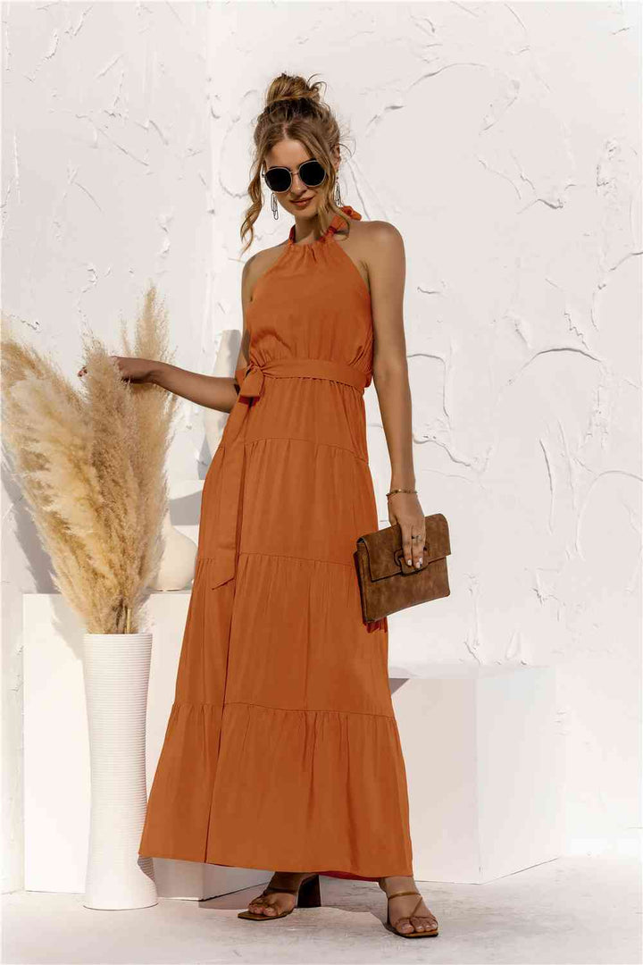 Halter Neck Tie Waist Tiered Maxi Dress |1mrk.com