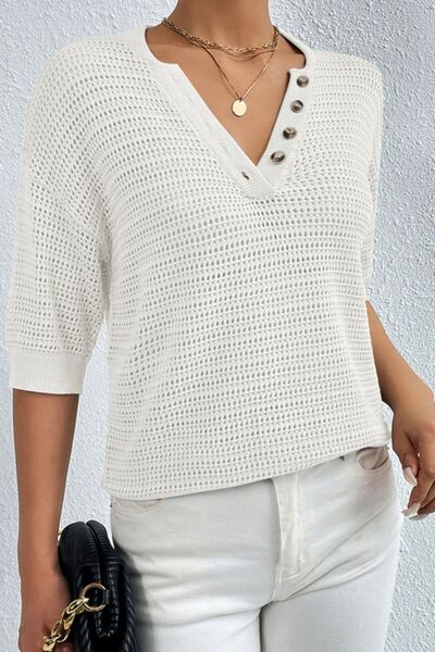 Openwork Half Button Dropped Shoulder Knit Top |1mrk.com