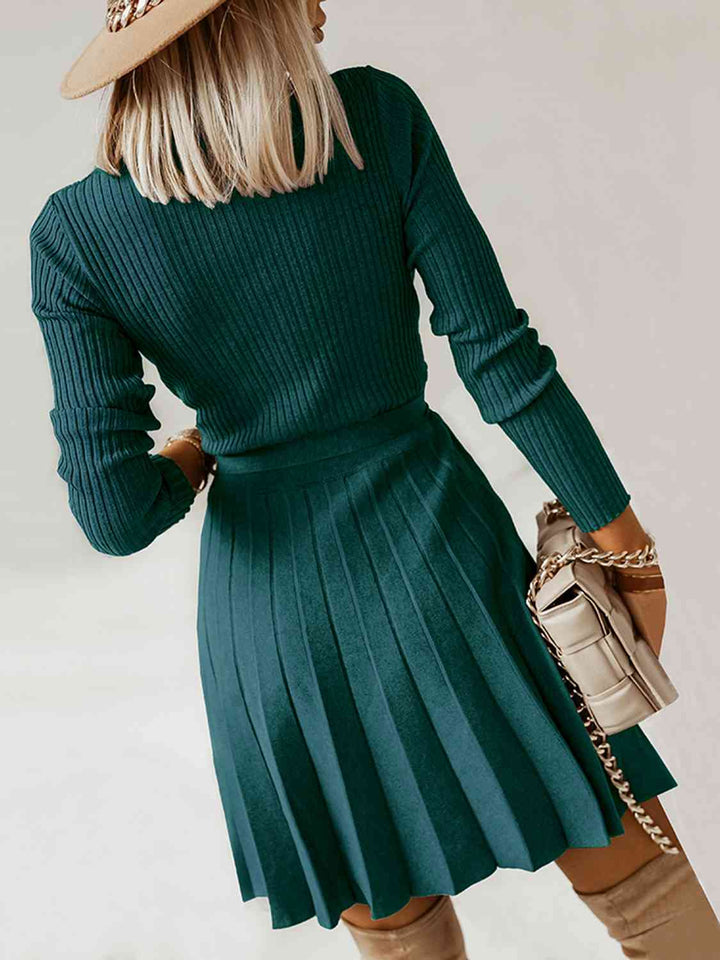 Surplice Neck Tie Front Pleated Sweater Dress | 1mrk.com