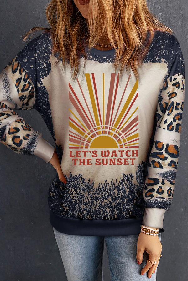 LET'S WATCH THE SUNSET Leopard Round Neck Sweatshirt | Trendsi