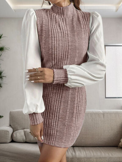 Ribbed Contrast Long Sleeve Sweater Dress | Trendsi