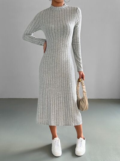 Ribbed Mock Neck Long Sleeve Midi Sweater Dress |1mrk.com