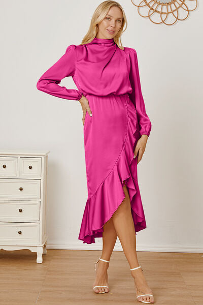 Mock Neck Ruffled Asymmetrical Dress |1mrk.com