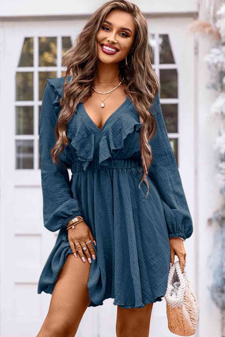 Ruffle Trim V-Neck Long Sleeve Mini Dress | 1mrk.com