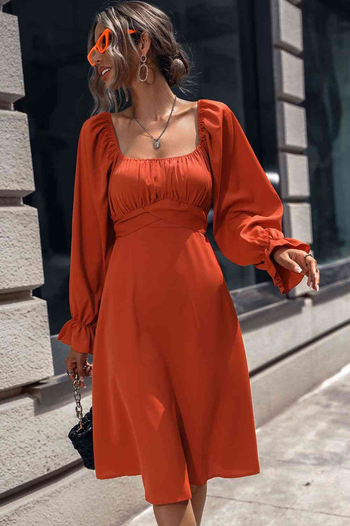 Square Neck Flounce Sleeve Midi Dress |1mrk.com