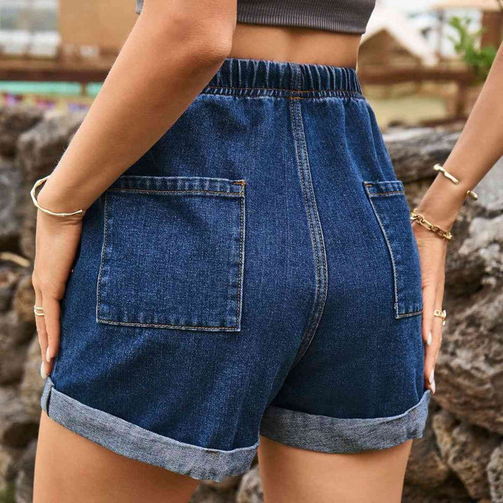 Drawstring High Waist Denim Shorts with Pockets |1mrk.com