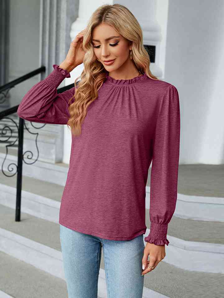 Round Neck Flounce Sleeve Blouse | 1mrk.com