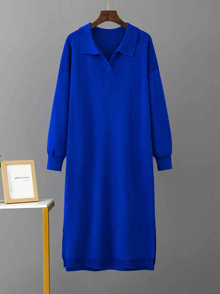 Johnny Collar Long Sleeve Slit Sweater Dress |1mrk.com