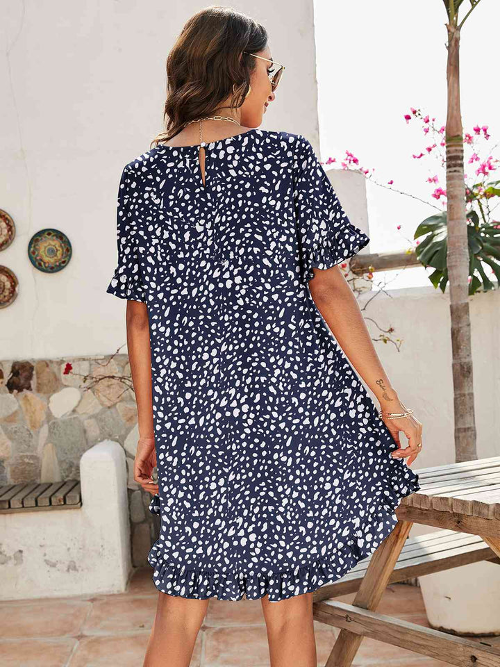 Printed Flounce Sleeve Ruffle Hem Dress |1mrk.com