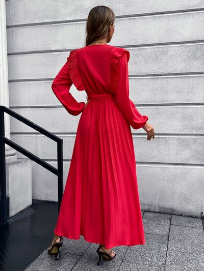 Pleated Surplice Tie Waist Maxi Dress |1mrk.com