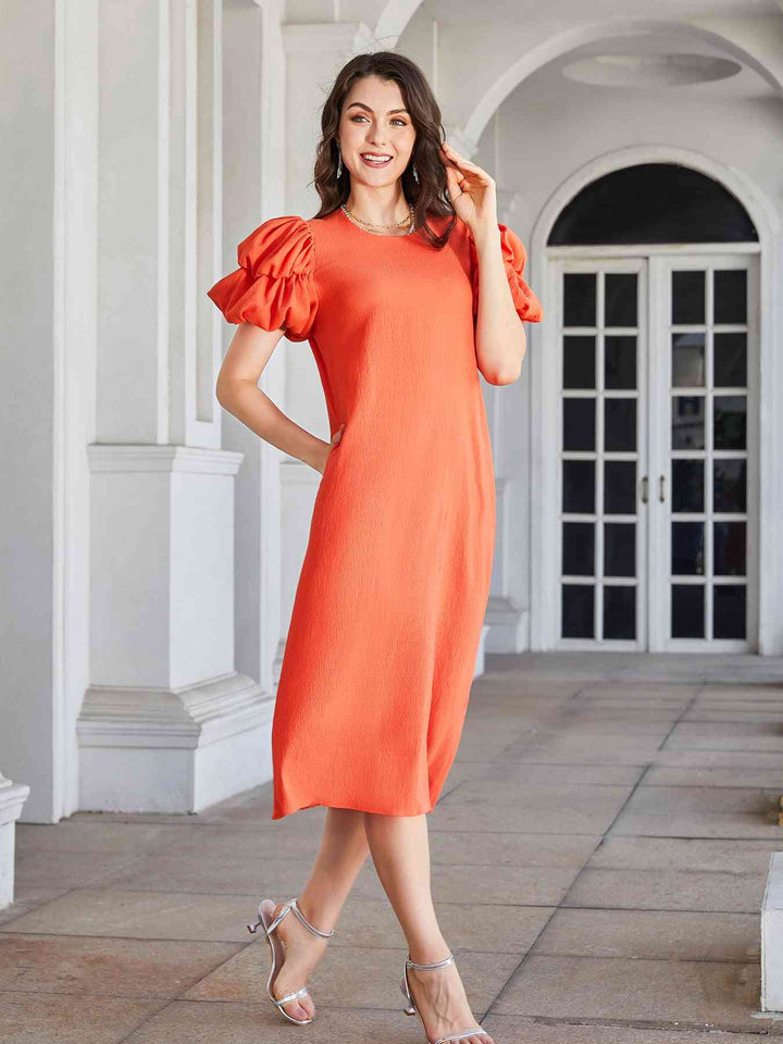 Round Neck Bubble Sleeve Straight Hem Midi Dress |1mrk.com