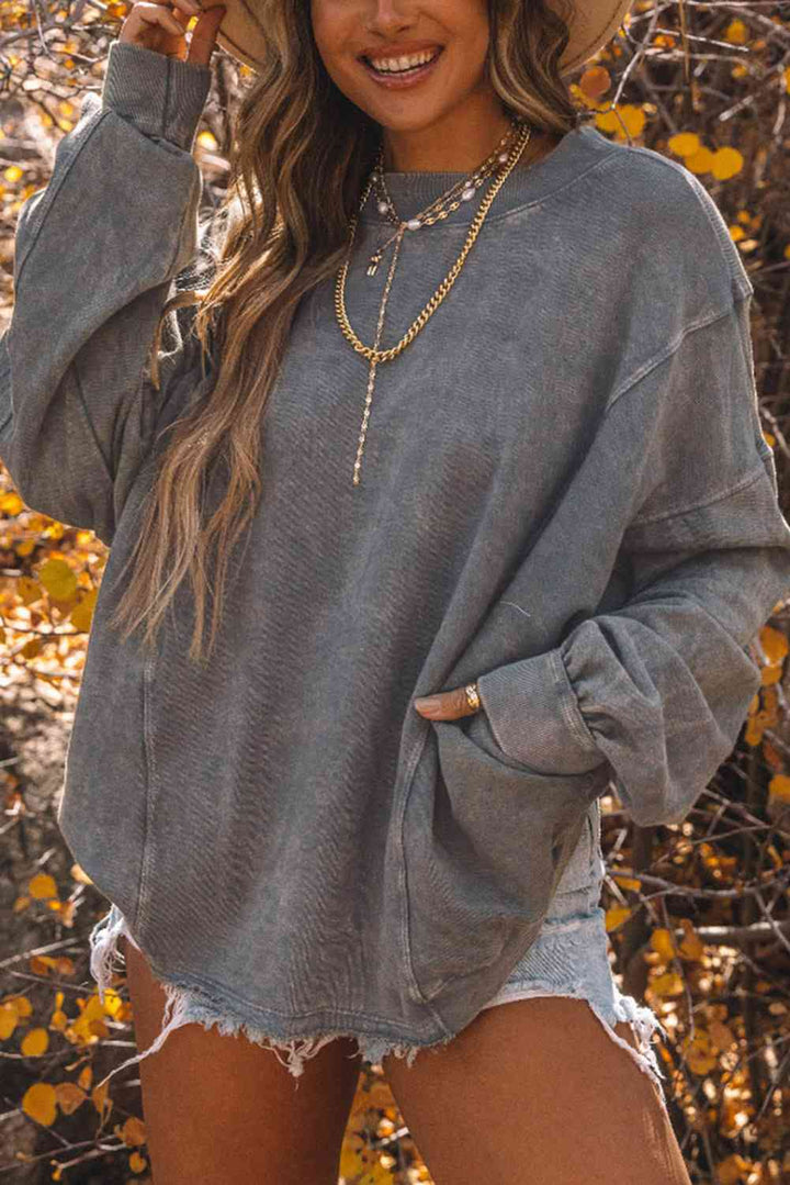 Twisted Plunge Neck Dropped Shoulder Sweatshirt |1mrk.com