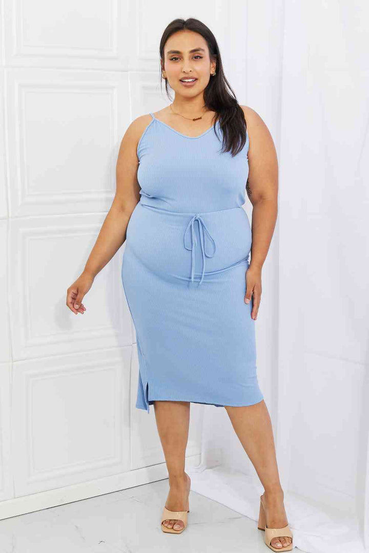 Capella Flatter Me Full Size Ribbed Front Tie Midi Dress in Pastel Blue | 1mrk.com