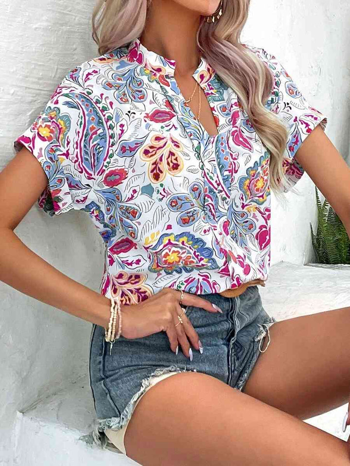 Printed Notched Neck Short Sleeve Blouse | 1mrk.com