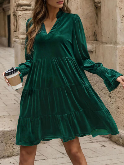 Notched Long Sleeve Tiered Dress |1mrk.com