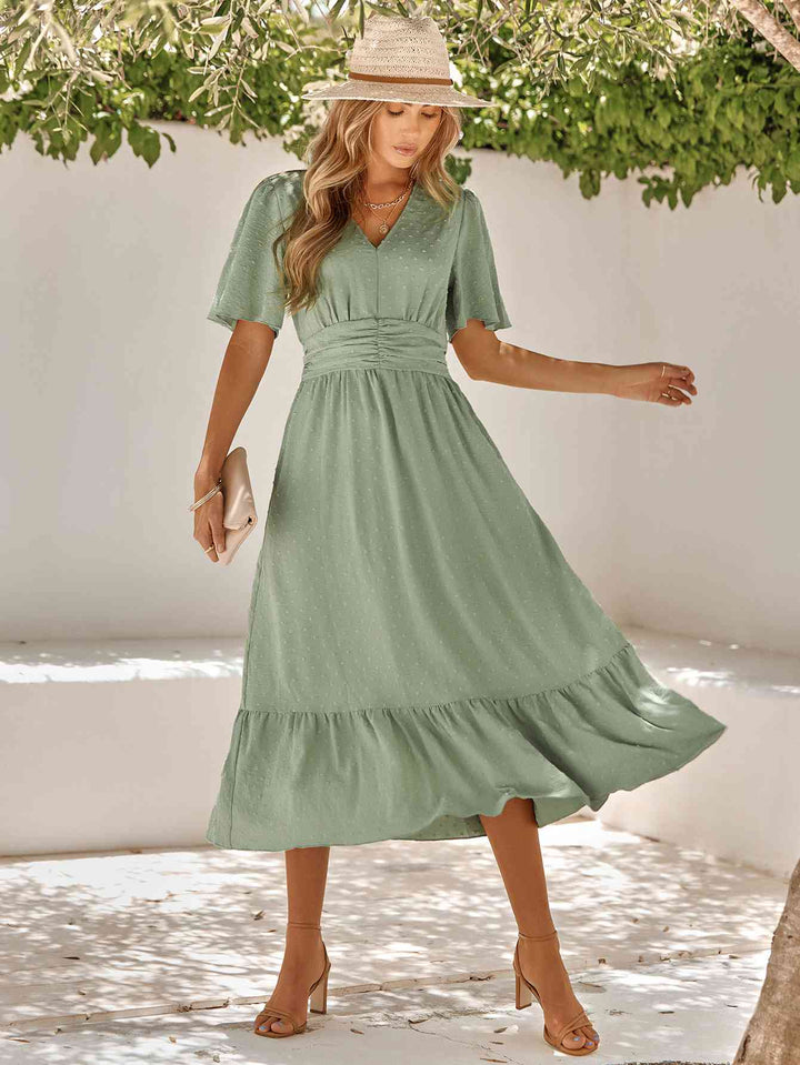 Swiss Dot V-Neck Ruffle Hem Dress |1mrk.com