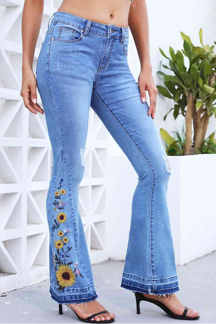 Full Size Flower Embroidery Distressed Wide Leg Jeans |1mrk.com