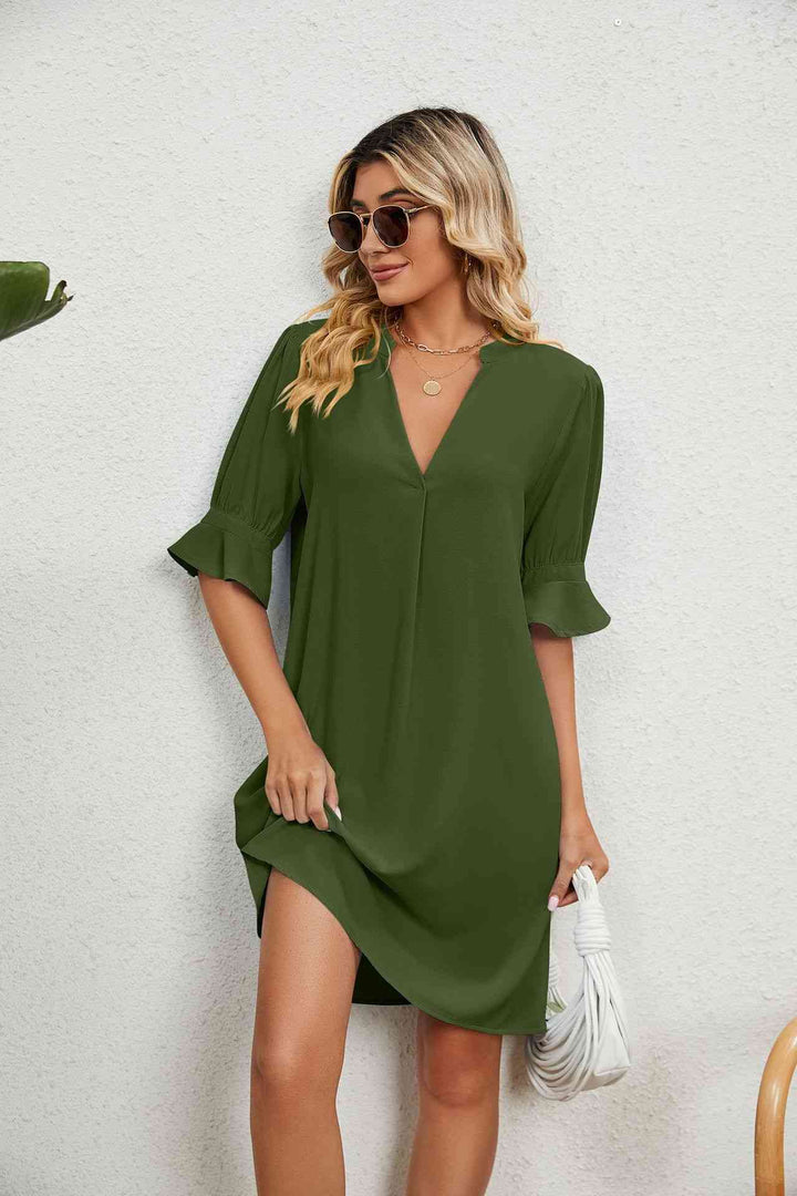 Notched Neck Flounce Sleeve Dress |1mrk.com