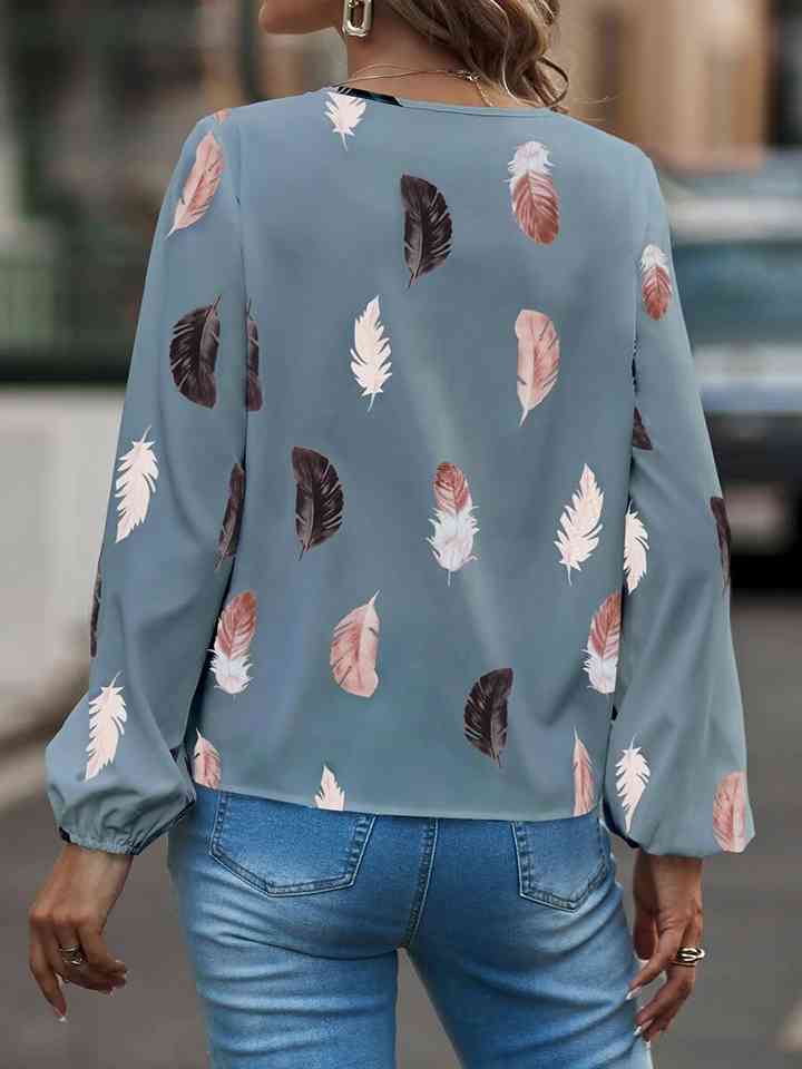 Printed Notched Neck Long Sleeve Blouse | 1mrk.com