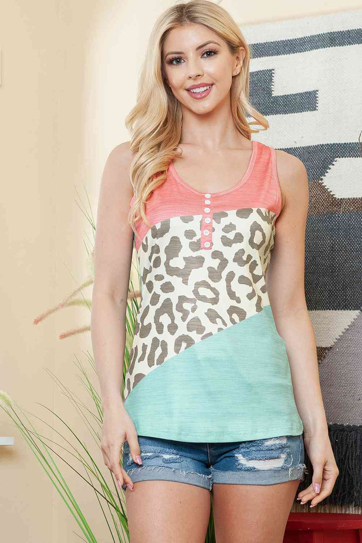 Leopard Color Block Decorative Button Tank | 1mrk.com