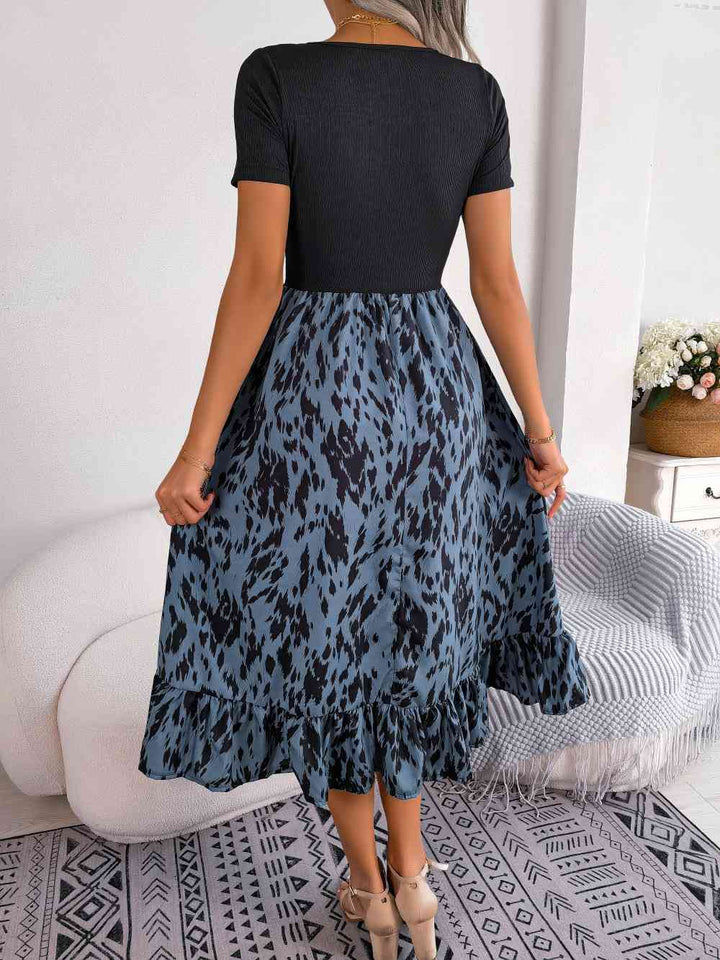 Printed Round Neck Ruffle Hem Dress |1mrk.com