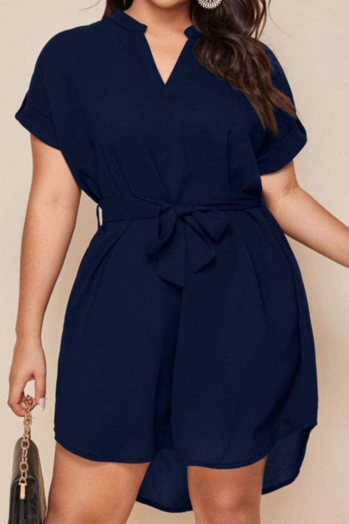 Plus Size Notched Tie Waist Mini Dress | Trendsi