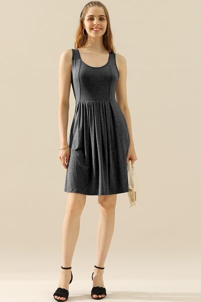 Doublju Full Size Round Neck Ruched Sleeveless Dress with Pockets |1mrk.com