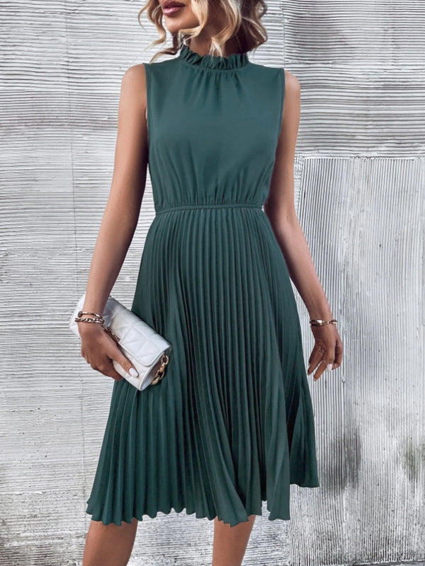 Pleated Frill Mock Neck Sleeveless Dress | Trendsi