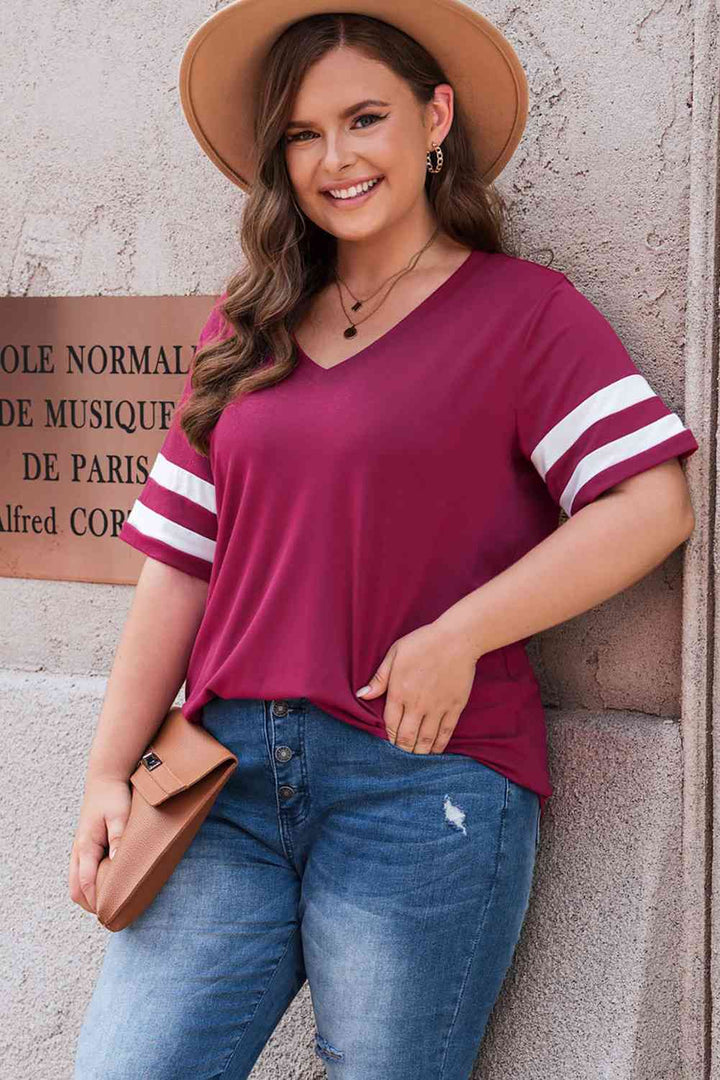 Plus Size Striped V-Neck Tee Shirt | 1mrk.com