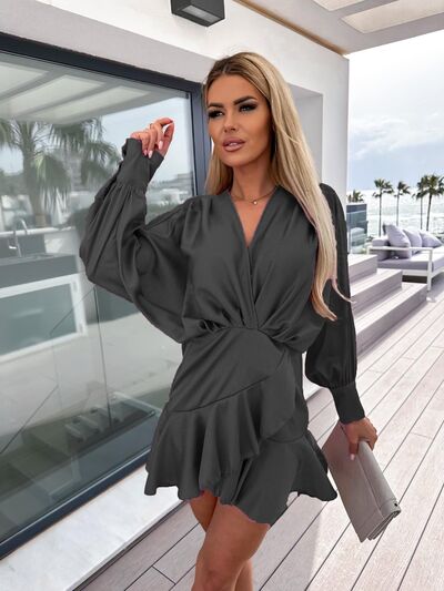 Surplice Ruffle Hem Lantern Sleeve Mini Dress |1mrk.com