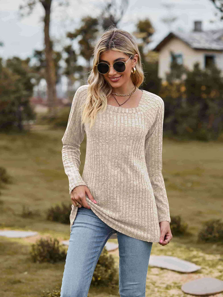 Ribbed Square Neck Long Sleeve Tee | 1mrk.com