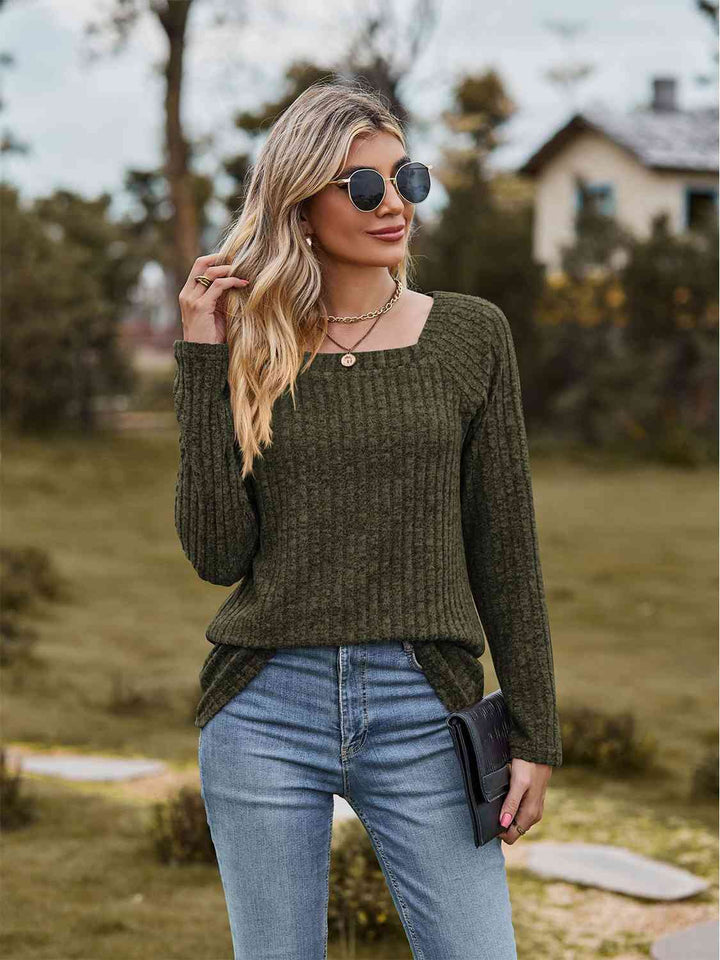 Full Size Ribbed Square Neck Long Sleeve T-Shirt | 1mrk.com